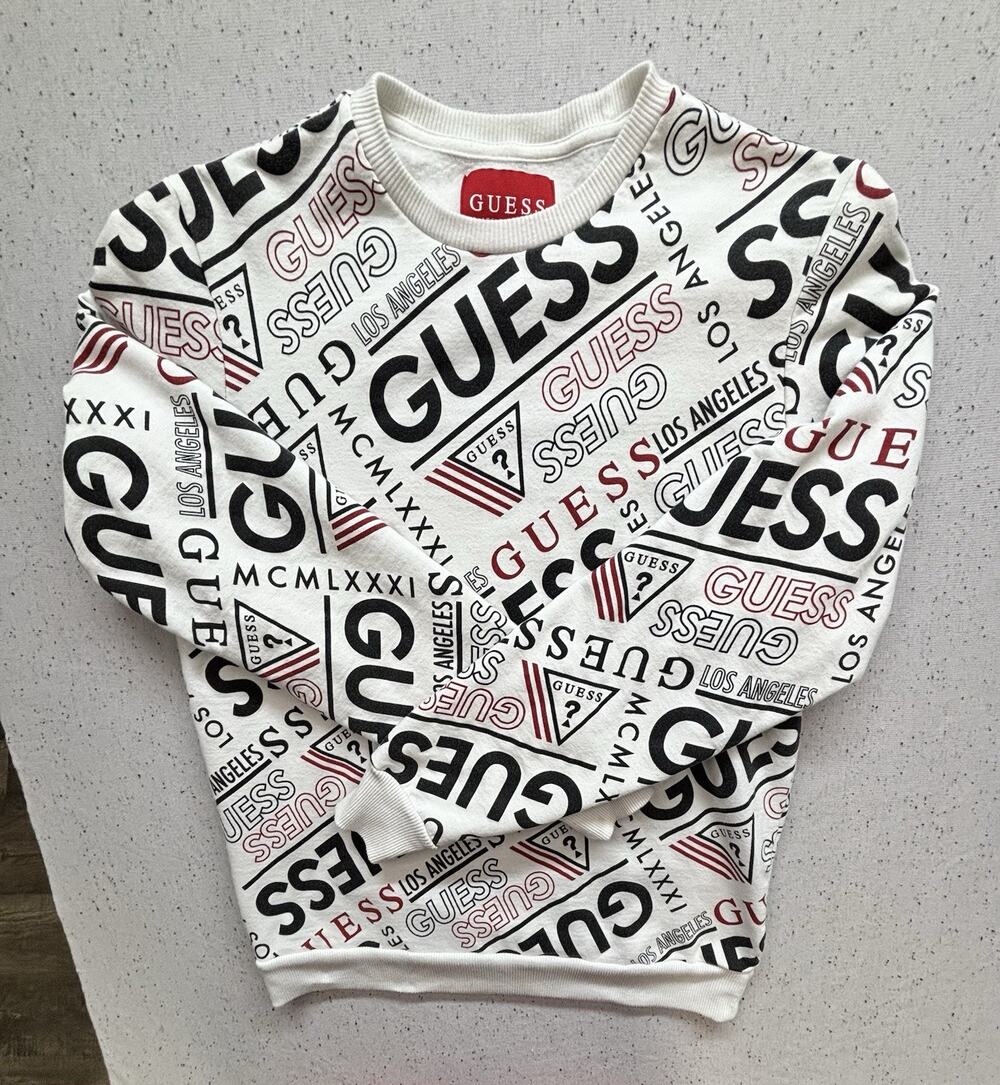 GUESS Los Angeles Mens L All Over Logo Print Crewneck Sweatshirt Black S Y2K